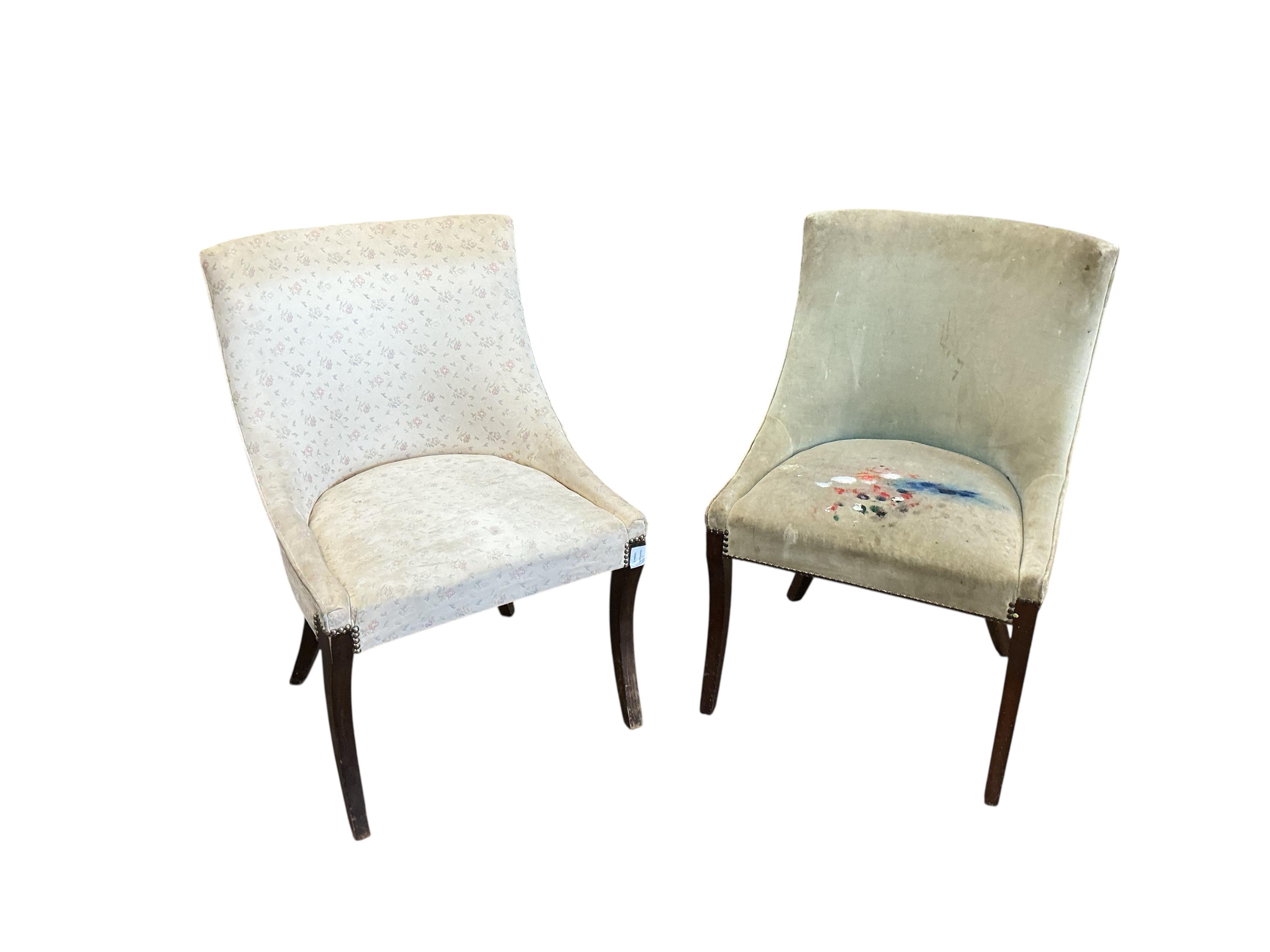 A set of ten Regency style beech framed dining chairs, with upholstered seats and backs, on front sabre legs